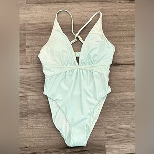Bcbgmaxazria Size 6 Plunging V-Neckline Shirr One Piece Swimsuit Aqua Blue